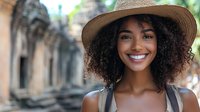 Young African American woman with curly hair wearing straw hat smiling outdoors in urban setting. Happy female tourist exploring city street architecture.