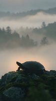 Turtle silhouette on moss-covered rock overlooking misty forest valley with evergreen trees shrouded in fog at dawn or dusk for nature and wildlife concepts.
