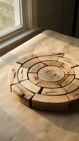 Handcrafted wooden circular puzzle or decorative art piece with natural wood grain patterns sitting on marble surface near window with warm natural lighting.
