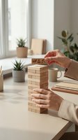 Businesswoman hands carefully placing wooden block on tower in bright office workspace with plants and natural light for strategic planning concepts.