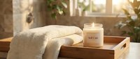 Soft glowing candle labeled Self Care beside folded towels on a wooden tray in a warm, sunlit spa-inspired bathroom setting.