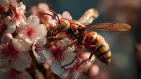 Macro shot of orange and black hornet collecting nectar from delicate pink cherry blossoms against blurred natural background.