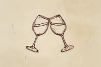 Two wine glasses clinking together in celebratory toast on textured beige background for wedding invitations, anniversary cards and romantic occasions.