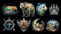 Watercolor bear clipart set with 8 elements isolated on transparent background, ready for t-shirts, stickers, sublimation, and print on demand crafts.