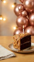 Chocolate birthday cake slice with caramel frosting and single candle on plate with rose gold balloons and warm lights creating festive celebration atmosphere.