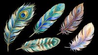 Set of five watercolor feathers in teal, blue, gold, and lavender tones, isolated on transparent background. Great for stickers, t-shirt design, sublimation, and print on demand.