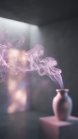 Pink aromatic smoke rising from incense burner creating ethereal wisps and swirls in atmospheric lighting for meditation and relaxation concepts.
