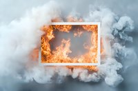 Glowing white frame with intense orange flames and billowing smoke against moody gray background creates dramatic contrast and visual impact for design projects.