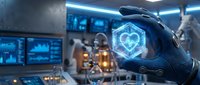 Robotic hand holding glowing heart symbol in futuristic laboratory with data screens and neon lighting, representing artificial intelligence, healthcare technology, and digital innovation.