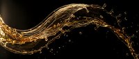Golden liquid splash with droplets flowing in elegant wave motion against black background for beverage and fluid dynamics concepts.