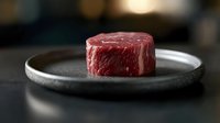 Raw beef tenderloin steak on gray ceramic plate against dark background with soft bokeh lights, fresh premium cut meat with marbling texture.