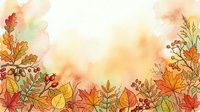 Watercolor autumn border with colorful fall leaves, berries, acorns, and botanical elements on a soft warm background with copy space.