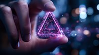 Glowing pink neon triangle with sparkles floating above fingers against dark background with bokeh lights, creating magical futuristic atmosphere.