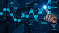 Businessman touching digital interface with strategic planning hexagonal network showing business growth metrics and outcome analysis on blue background.