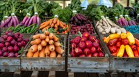 Fresh organic root vegetables and produce displayed at farmers market in wooden crates, including colorful carrots, radishes, beets, and turnips. Local harvest arrangement.