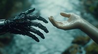 Robotic and human hands reaching towards each other in atmospheric lighting, symbolizing connection between artificial intelligence and humanity, set against blurred background.