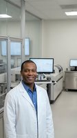 Smiling African American male scientist in white lab coat standing in modern medical laboratory with advanced equipment and glass partitions.