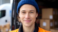 Young male delivery worker in orange safety vest and blue beanie smiling at camera with shipping truck and cardboard boxes in background, expressing friendly service.