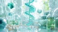 Genetic research concept with DNA helix structure in turquoise and green tones, surrounded by laboratory glassware and abstract molecular elements.