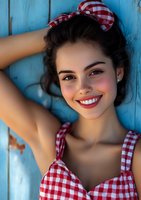Young woman in red gingham dress and matching headband smiling against blue wooden background, radiating retro pin-up style charm with natural makeup and updo hairstyle.