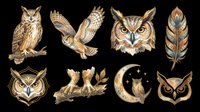 Owl collection with perched birds, flying owl, feather, crescent moon, and decorative head designs in golden brown tones, isolated on transparent background, ready for t-shirt design, clipart, stickers, and print-on-demand projects.