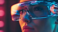 Futuristic augmented reality glasses with neon reflections on young woman's face in profile view against dark background with pink and blue lighting effects.