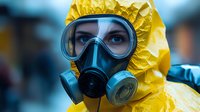 Person wearing yellow hazmat protective suit and respirator mask with safety goggles during emergency response or chemical hazard situation, close-up portrait.