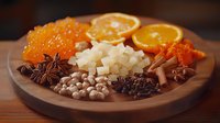 Aromatic spices and candied fruits arranged on wooden board with star anise, cinnamon sticks, cloves, orange slices and crystallized citrus peel for holiday baking.
