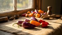 Fresh colorful bell peppers and vegetables on rustic wooden table by sunny window, natural lighting for healthy cooking and farm-to-table cuisine concepts.