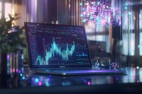 Laptop displaying financial trading charts and market analysis graphs on screen with soft bokeh lights and cherry blossom reflections in modern office setting.