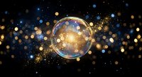Transparent soap bubble floating against dark starry night sky with golden bokeh lights and sparkling particles creating magical dreamy atmosphere.