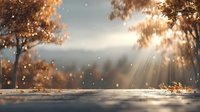 Magical autumn forest scene with sunbeams breaking through trees, creating a dreamy atmosphere with floating particles and fallen leaves.