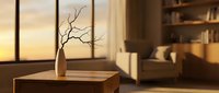 Modern minimalist living room interior with wooden coffee table, decorative branch in vase, warm sunset lighting through large windows and cozy seating area.