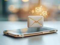 Glowing email envelope icon floating above smartphone with bokeh background, depicting mobile communication and message notification concept.