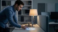 Young Caucasian businessman working late at modern office desk with holographic display technology, professional corporate environment with warm lighting.
