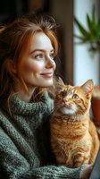 Young Caucasian woman with red hair wearing cozy sweater embraces ginger cat near window. Natural light illuminates tender moment between pet owner and feline companion.