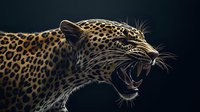 Fierce leopard showing fangs and aggressive expression against dark background, dramatic side profile highlighting spotted coat pattern and powerful predator nature.