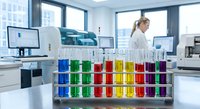 Female scientist in white lab coat working with colorful test tubes in modern laboratory for research and analysis experiments.
