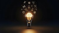 Glowing light bulb with floating innovation symbols and gears on dark background representing creative ideas, brainstorming and business solutions concept.