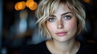 Young woman with blonde tousled bob haircut, freckles and natural makeup looking directly at camera against dark blurred background with bokeh lights.