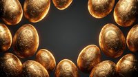 Golden ornate Easter eggs with intricate floral patterns arranged in decorative border frame on dark background for holiday greeting cards and festive designs.
