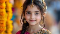 Young South Asian girl wearing traditional jewelry and embroidered dress smiles warmly at camera during cultural celebration with marigold garlands in background.