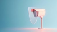 Wine glass with protective face shield on gradient blue background, minimal concept representing safety protocols and social distancing in hospitality industry.
