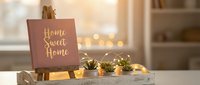 Cozy home decor setup with Home Sweet Home sign on wooden easel, fairy lights and greenery creating warm welcoming atmosphere for interior design projects.