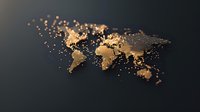Golden world map with glowing light points showing global connections and population centers on dark background, modern visualization for business presentations.
