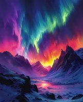 Spectacular northern lights aurora borealis over snowy mountain landscape with vibrant pink, purple, and green colors reflecting in frozen lake, perfect for nature wall art and travel inspiration.