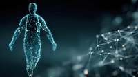Digital human figure made of connected dots and lines with network structure on dark background for technology and artificial intelligence concepts.