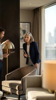 Professional mature Caucasian businesswoman and businessman discussing in modern office interior with city view and contemporary furniture.