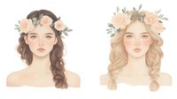 Romantic portraits of young women wearing floral crowns with peach roses and eucalyptus leaves, soft pastel illustration style for wedding designs and feminine branding.