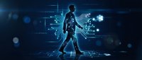 Futuristic businessman walking through digital technology interface with glowing circuit patterns and data visualization elements in blue cyberpunk environment.